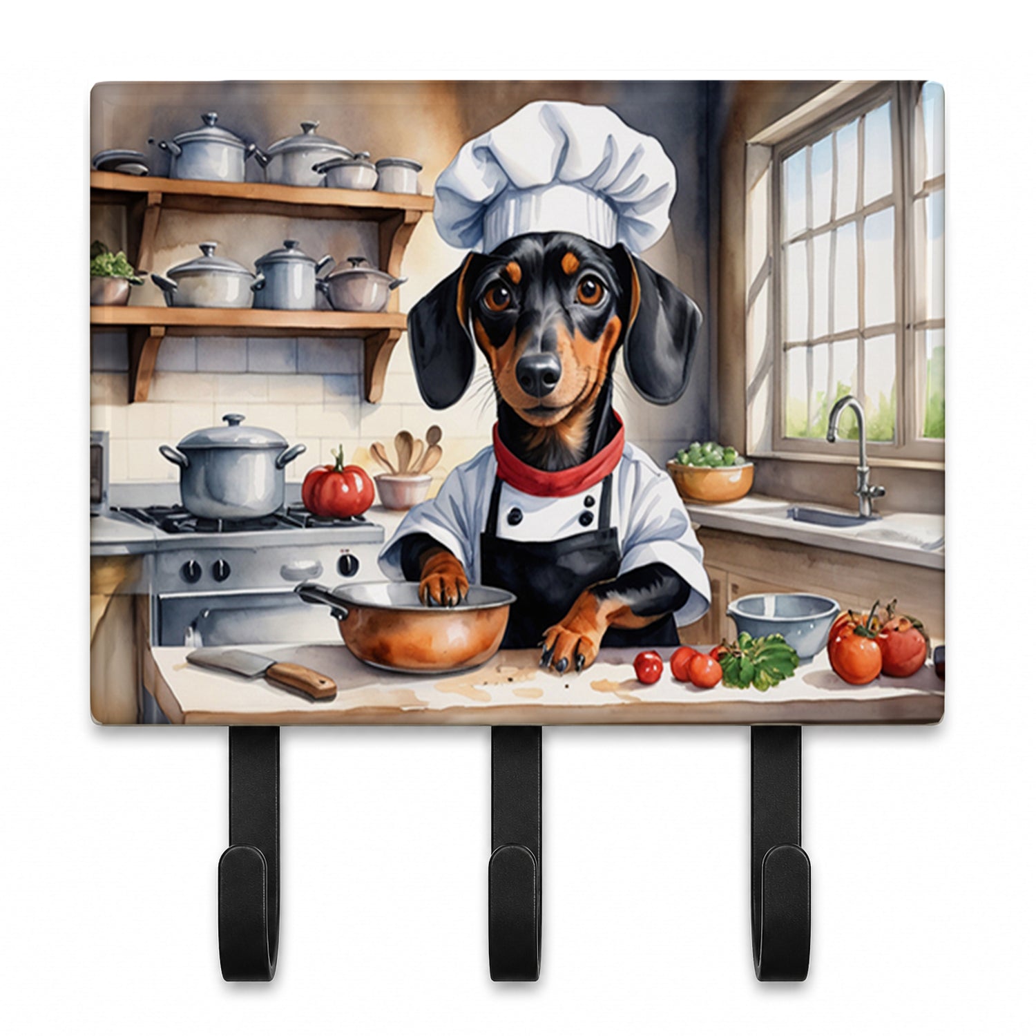 Dachshund The Chef Leash or Key Holder Wall Hooks, Coat Rack Wall Mount, for Hanging Keys, Towels, Aprons, Leashes
