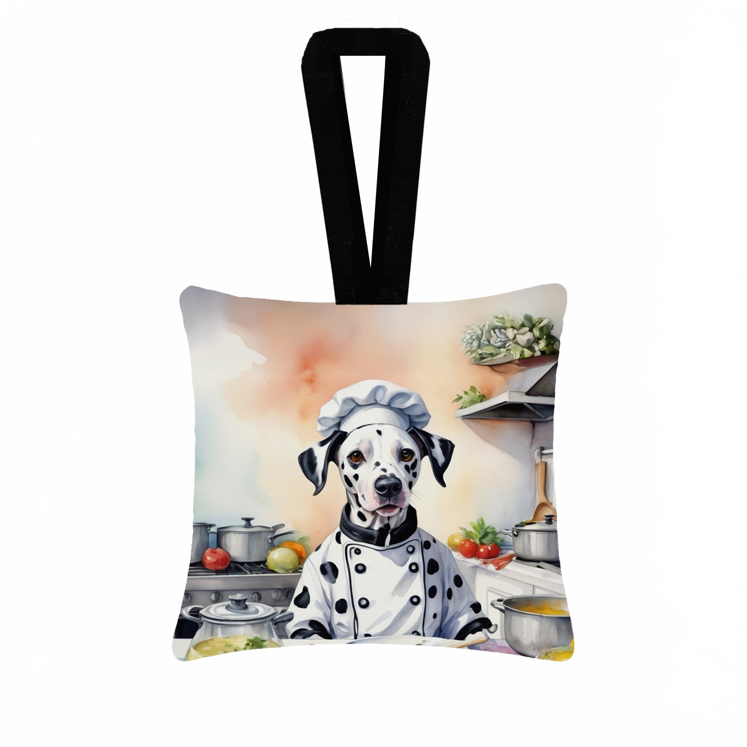 Dalmatian The Chef Hanging Square Fabric Ornament 3.5 × 3.5 Decorative Door-Knob & Tree Hanger, Soft Fabric