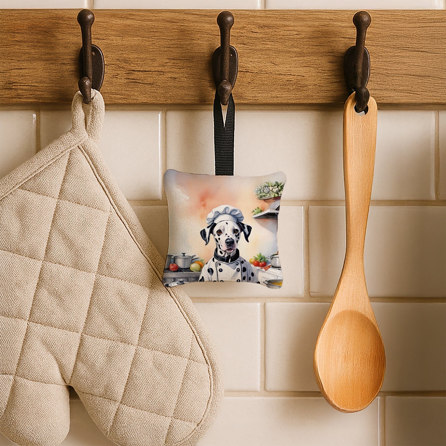 Dalmatian The Chef Hanging Square Fabric Ornament 3.5 × 3.5 Decorative Door-Knob & Tree Hanger, Soft Fabric