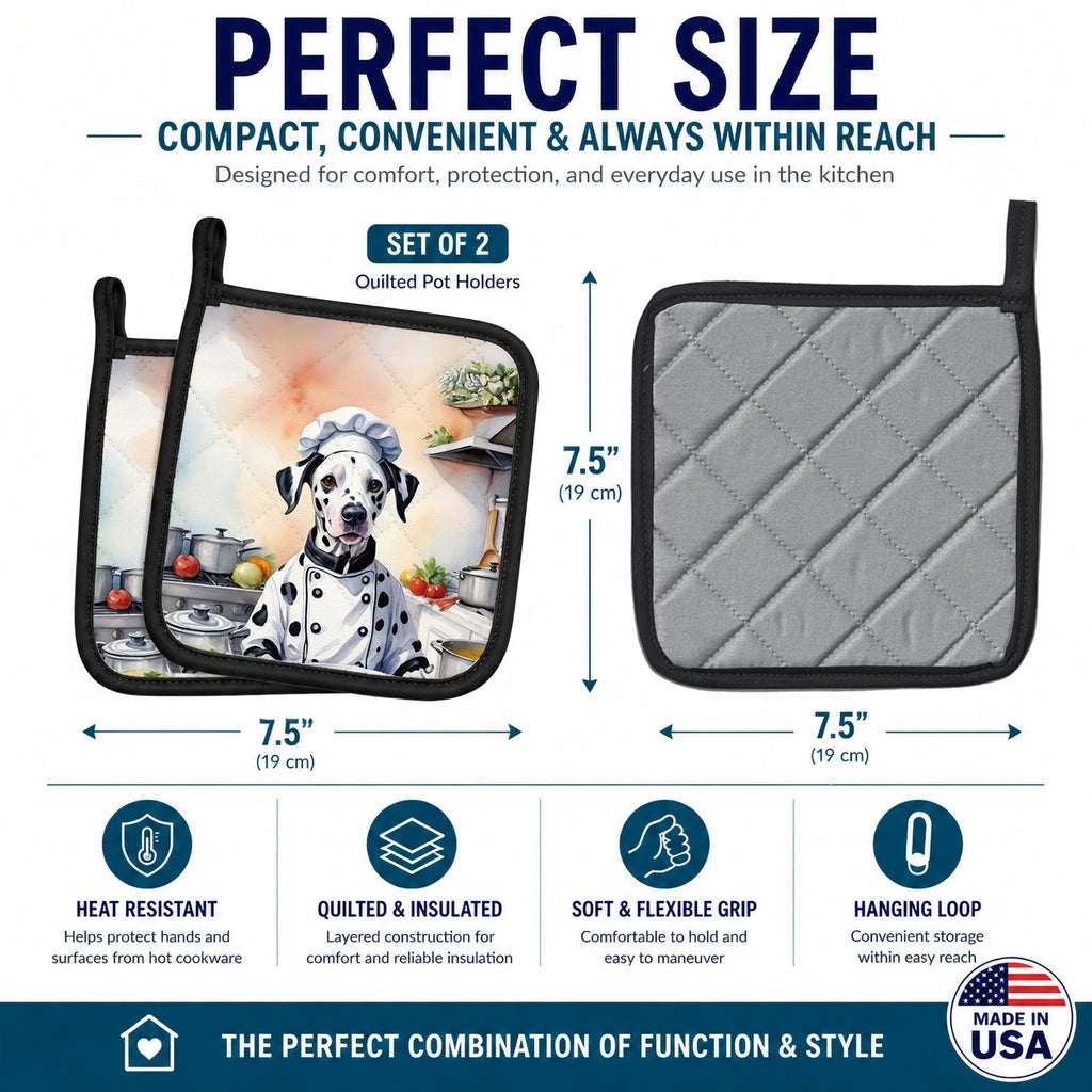 Dalmatian The Chef Pot Holder Set of 2 Heat Resistant Quilted Hot Pads 7.5 x 7.5 Inch, Insulated Kitchen Trivets for Cooking & Baking