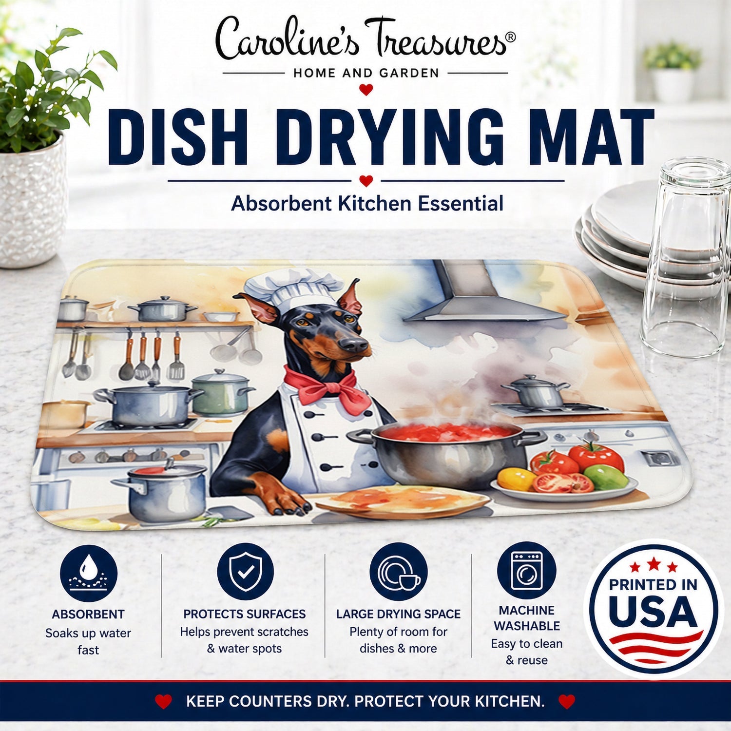 Doberman Pinscher The Chef Dish Drying Mat Absorbent Dish Drying Mat Pad for Kitchen Counter Dish Drainer Mat for Countertop, 14 x 21", Multicolor