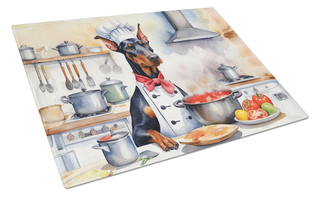 Doberman Pinscher The Chef Cutting Board Tempered Glass Kitchen Cutting Surface, Heat Resistant Chopping, Non-Slip Feet, Food Prep & Serving