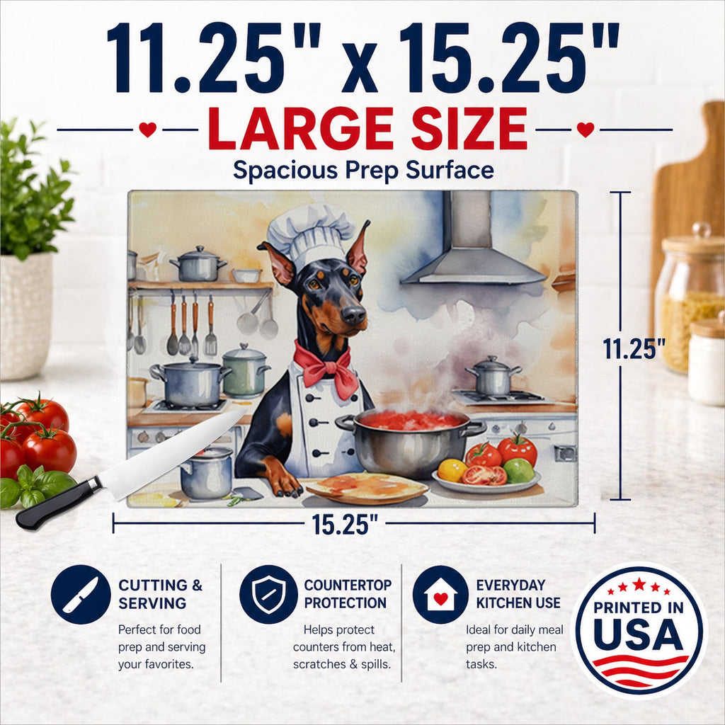 Doberman Pinscher The Chef Cutting Board Tempered Glass Kitchen Cutting Surface, Heat Resistant Chopping, Non-Slip Feet, Food Prep & Serving