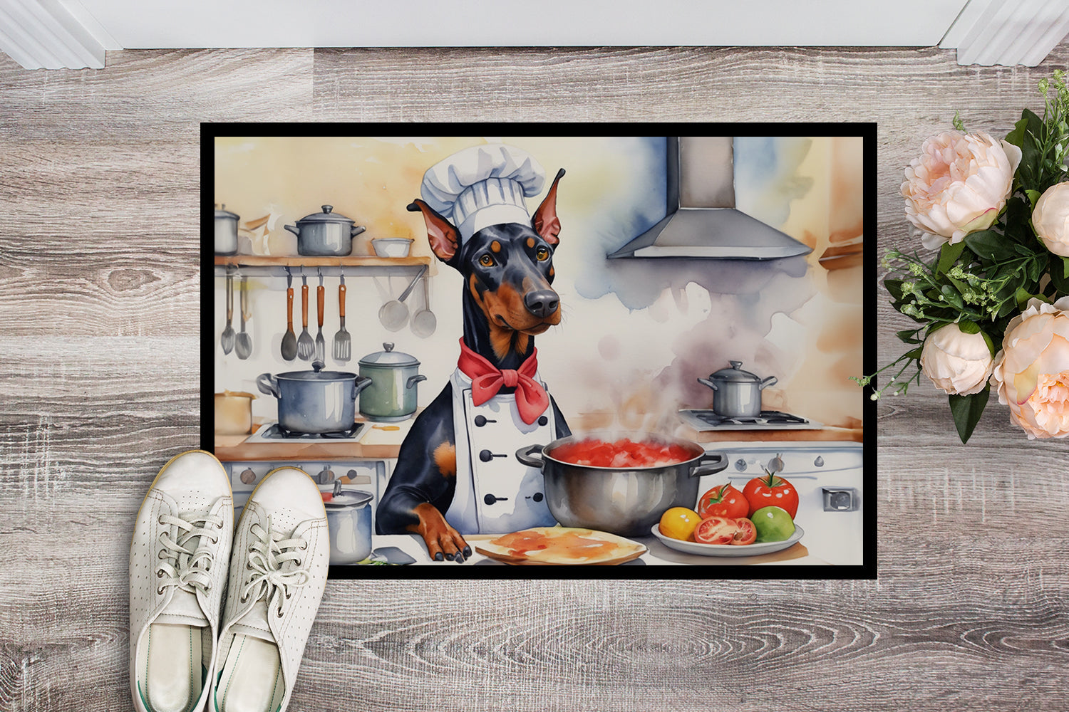 Doberman Pinscher The Chef Doormat Indoor Outdoor 18H X 27W Front Door Mat Rugs for Entryway, Non Slip Washable