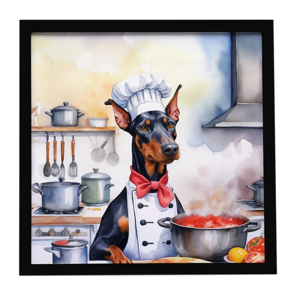 Doberman Pinscher The Chef Framed Metal Print Bathroom, Kitchen, Office, Home Decor Wall Art Ready to Hang, Square, 8X8
