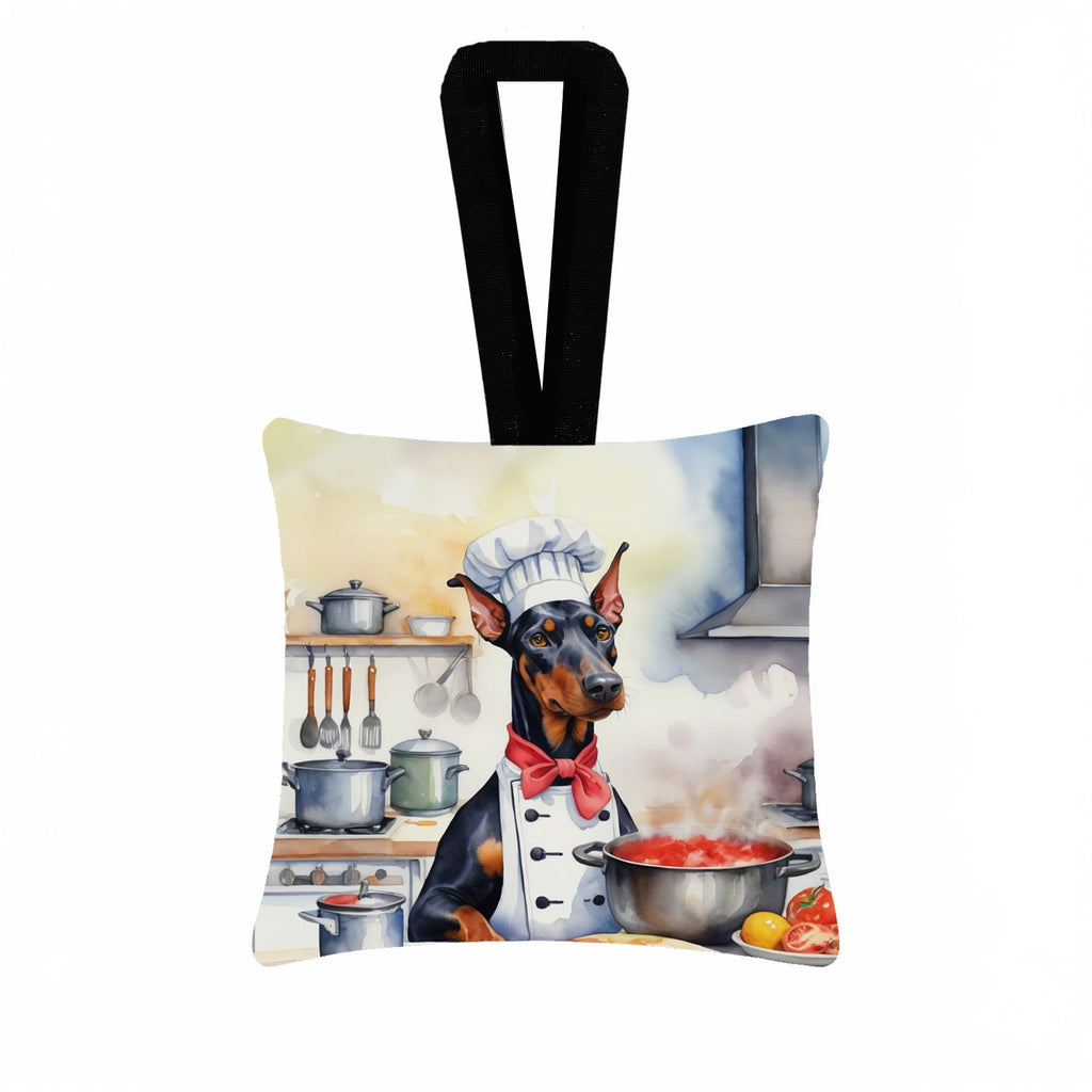 Doberman Pinscher The Chef Hanging Square Fabric Ornament 3.5 × 3.5 Decorative Door-Knob & Tree Hanger, Soft Fabric