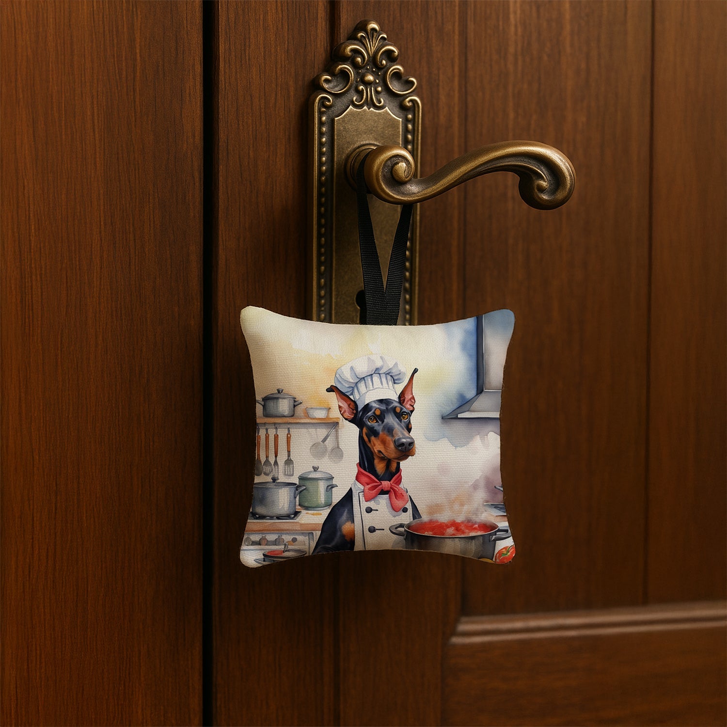 Doberman Pinscher The Chef Hanging Square Fabric Ornament 3.5 × 3.5 Decorative Door-Knob & Tree Hanger, Soft Fabric