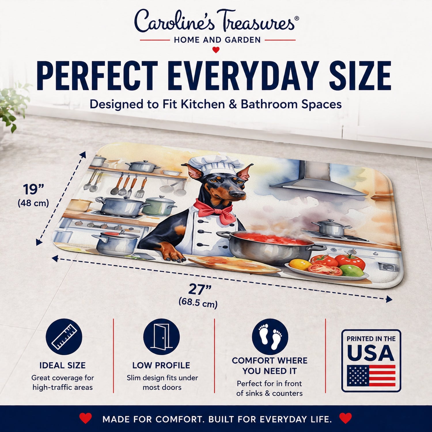 Doberman Pinscher The Chef Memory Foam Kitchen Mat Machine Washable Anti-Fatigue Cushion Comfort Bath or Kitchen Rug