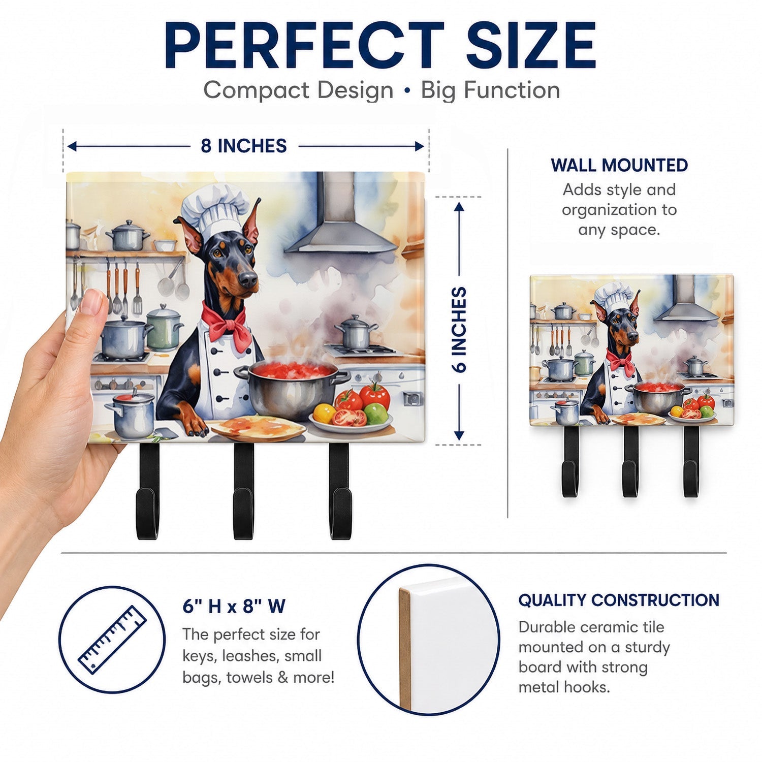 Doberman Pinscher The Chef Leash or Key Holder Wall Hooks, Coat Rack Wall Mount, for Hanging Keys, Towels, Aprons, Leashes