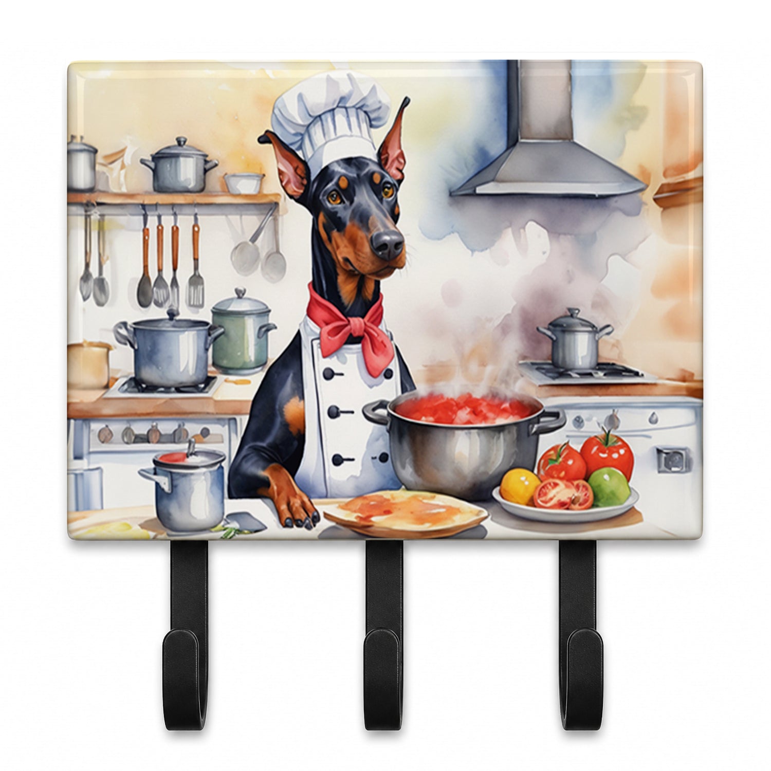 Doberman Pinscher The Chef Leash or Key Holder Wall Hooks, Coat Rack Wall Mount, for Hanging Keys, Towels, Aprons, Leashes