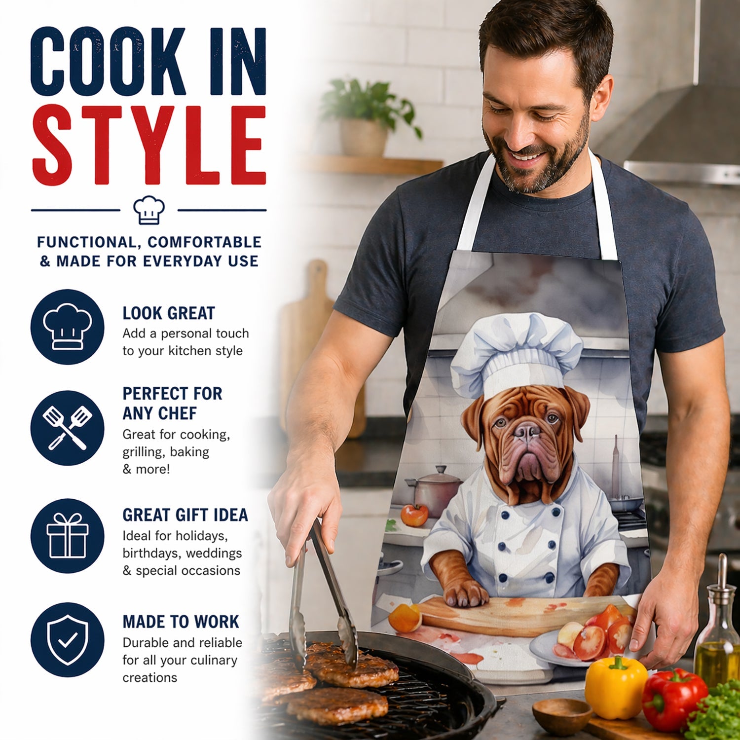 Dogue de Bordeaux The Chef Apron Cooking Kitchen Server Baking Crafts Gardening for Adult Women Men, Unisex, Large, Multicolor