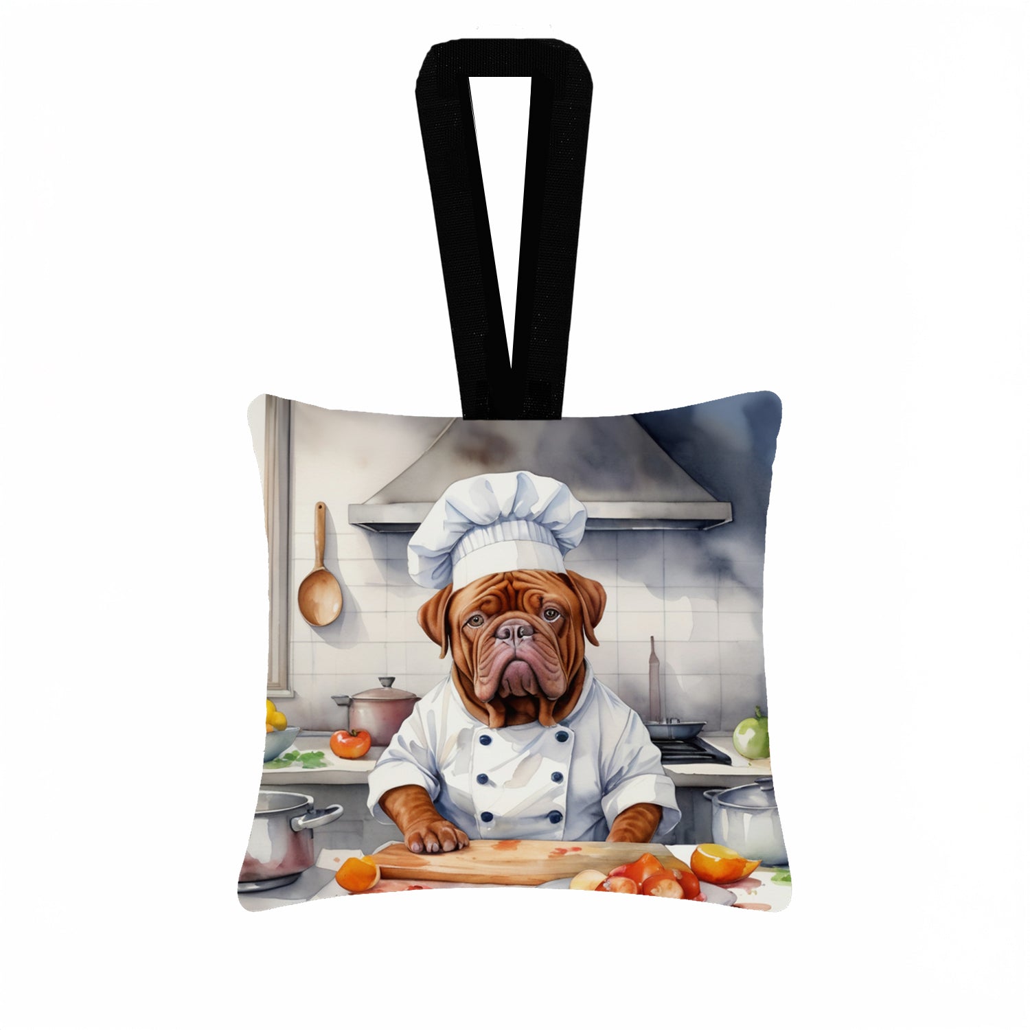 Dogue de Bordeaux The Chef Hanging Square Fabric Ornament 3.5 × 3.5 Decorative Door-Knob & Tree Hanger, Soft Fabric