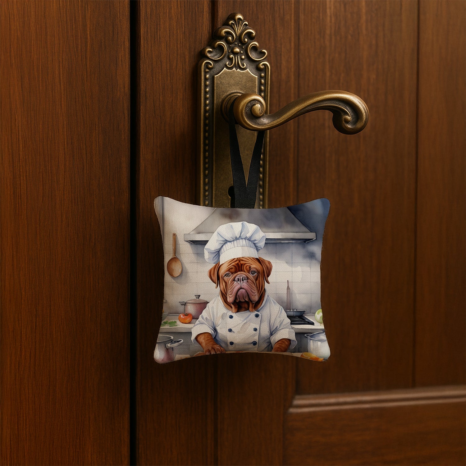 Dogue de Bordeaux The Chef Hanging Square Fabric Ornament 3.5 × 3.5 Decorative Door-Knob & Tree Hanger, Soft Fabric
