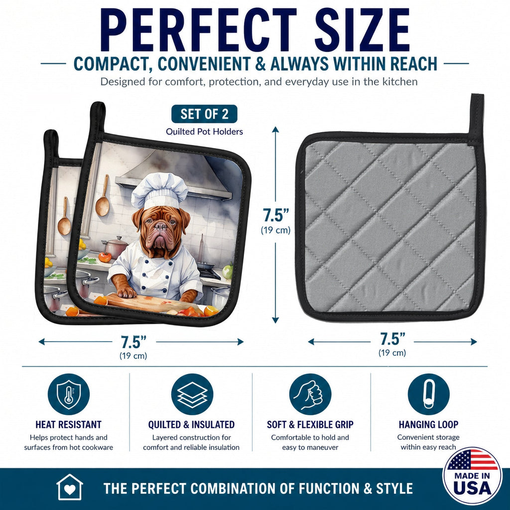 Dogue de Bordeaux The Chef Pot Holder Set of 2 Heat Resistant Quilted Hot Pads 7.5 x 7.5 Inch, Insulated Kitchen Trivets for Cooking & Baking