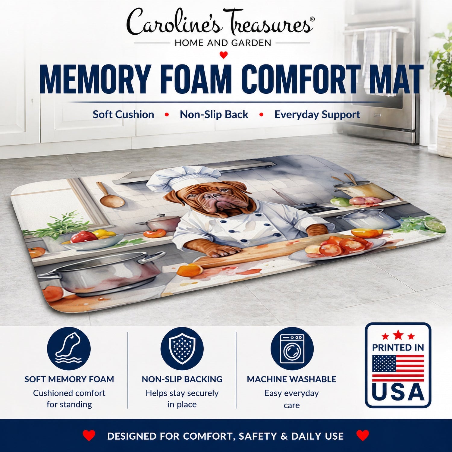 Dogue de Bordeaux The Chef Memory Foam Kitchen Mat Machine Washable Anti-Fatigue Cushion Comfort Bath or Kitchen Rug