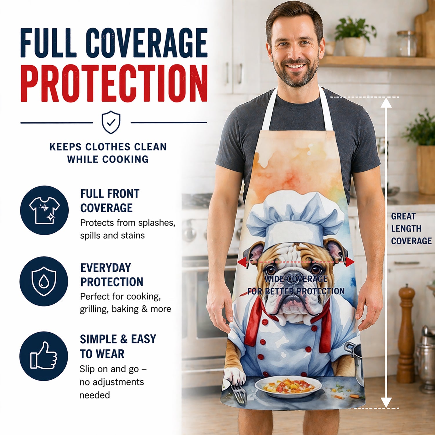 English Bulldog The Chef Apron Cooking Kitchen Server Baking Crafts Gardening for Adult Women Men, Unisex, Large, Multicolor