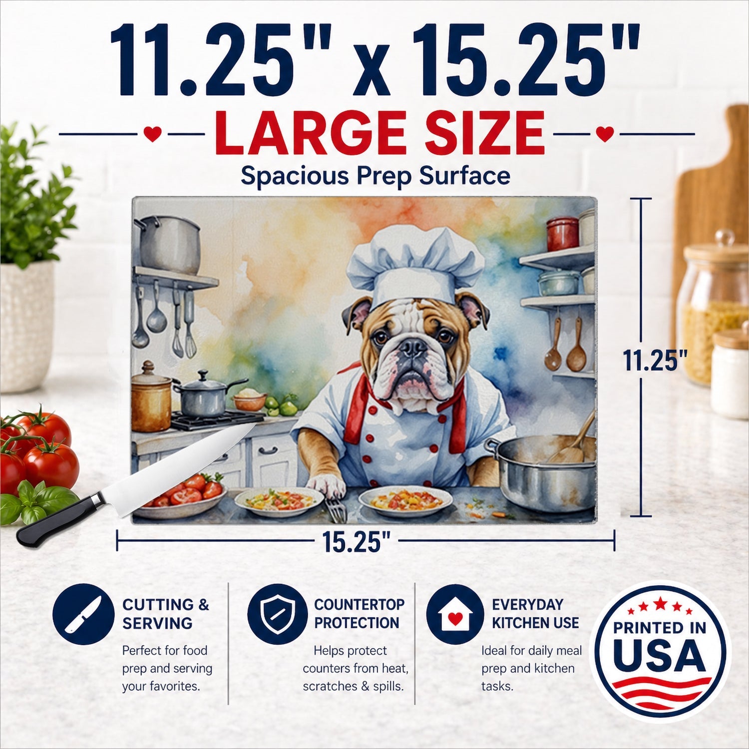 English Bulldog The Chef Cutting Board Tempered Glass Kitchen Cutting Surface, Heat Resistant Chopping, Non-Slip Feet, Food Prep & Serving