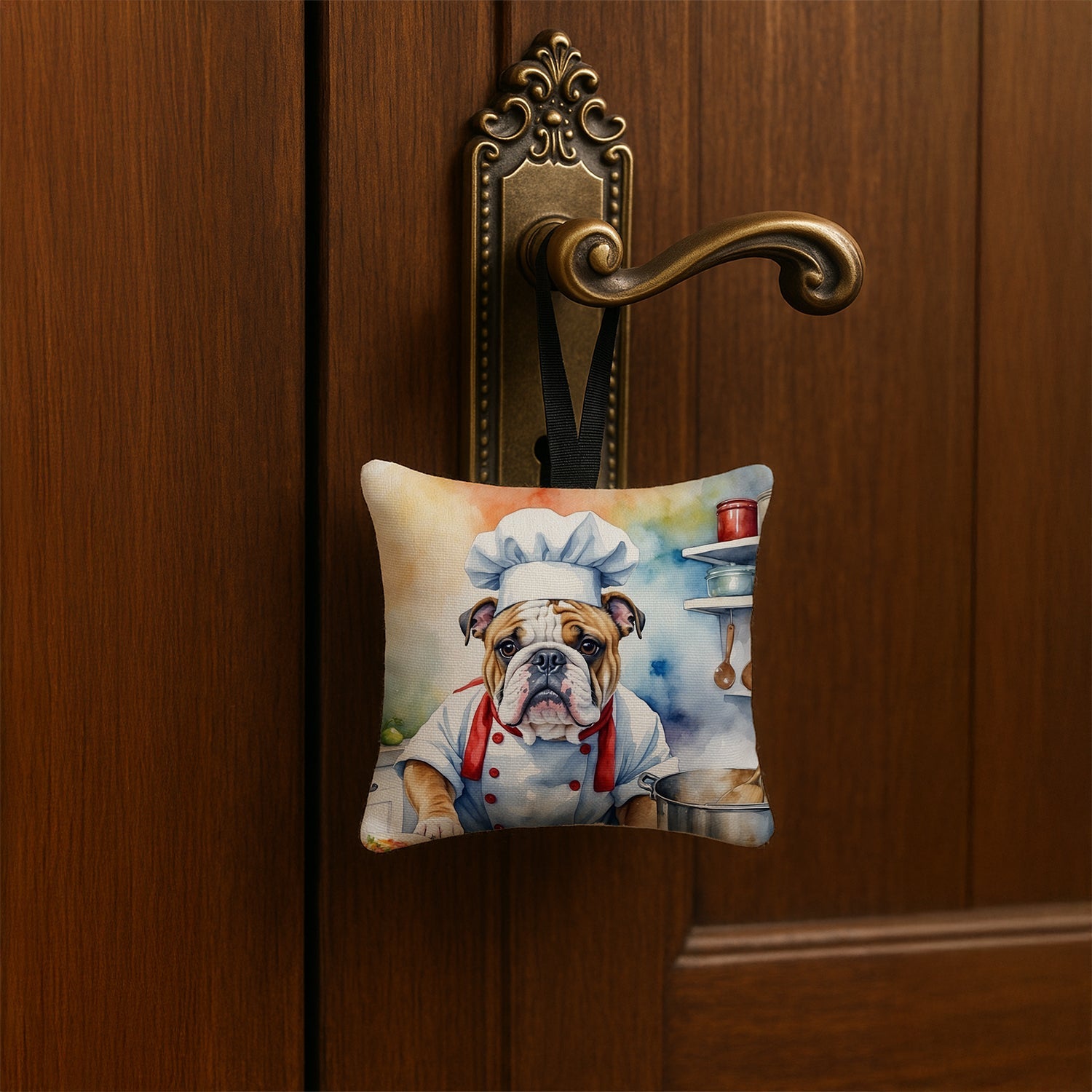 English Bulldog The Chef Hanging Square Fabric Ornament 3.5 × 3.5 Decorative Door-Knob & Tree Hanger, Soft Fabric