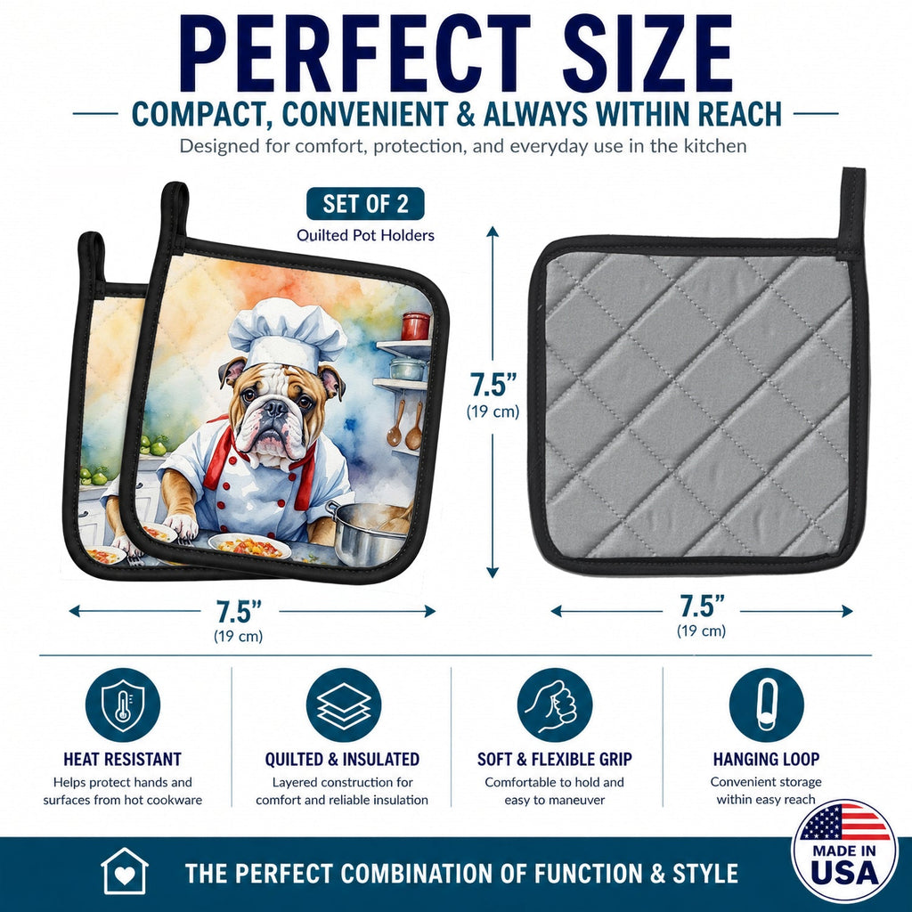 English Bulldog The Chef Pot Holder Set of 2 Heat Resistant Quilted Hot Pads 7.5 x 7.5 Inch, Insulated Kitchen Trivets for Cooking & Baking