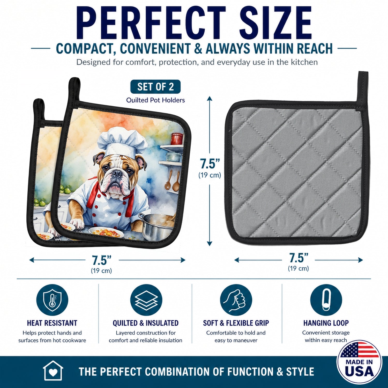 English Bulldog The Chef Pot Holder Set of 2 Heat Resistant Quilted Hot Pads 7.5 x 7.5 Inch, Insulated Kitchen Trivets for Cooking & Baking