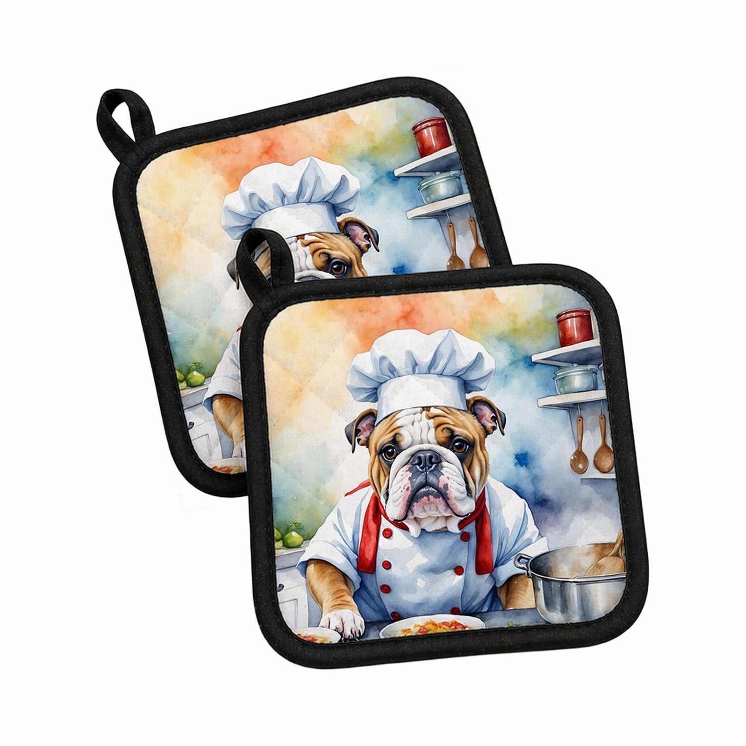 English Bulldog The Chef Pot Holder Set of 2 Heat Resistant Quilted Hot Pads 7.5 x 7.5 Inch, Insulated Kitchen Trivets for Cooking & Baking