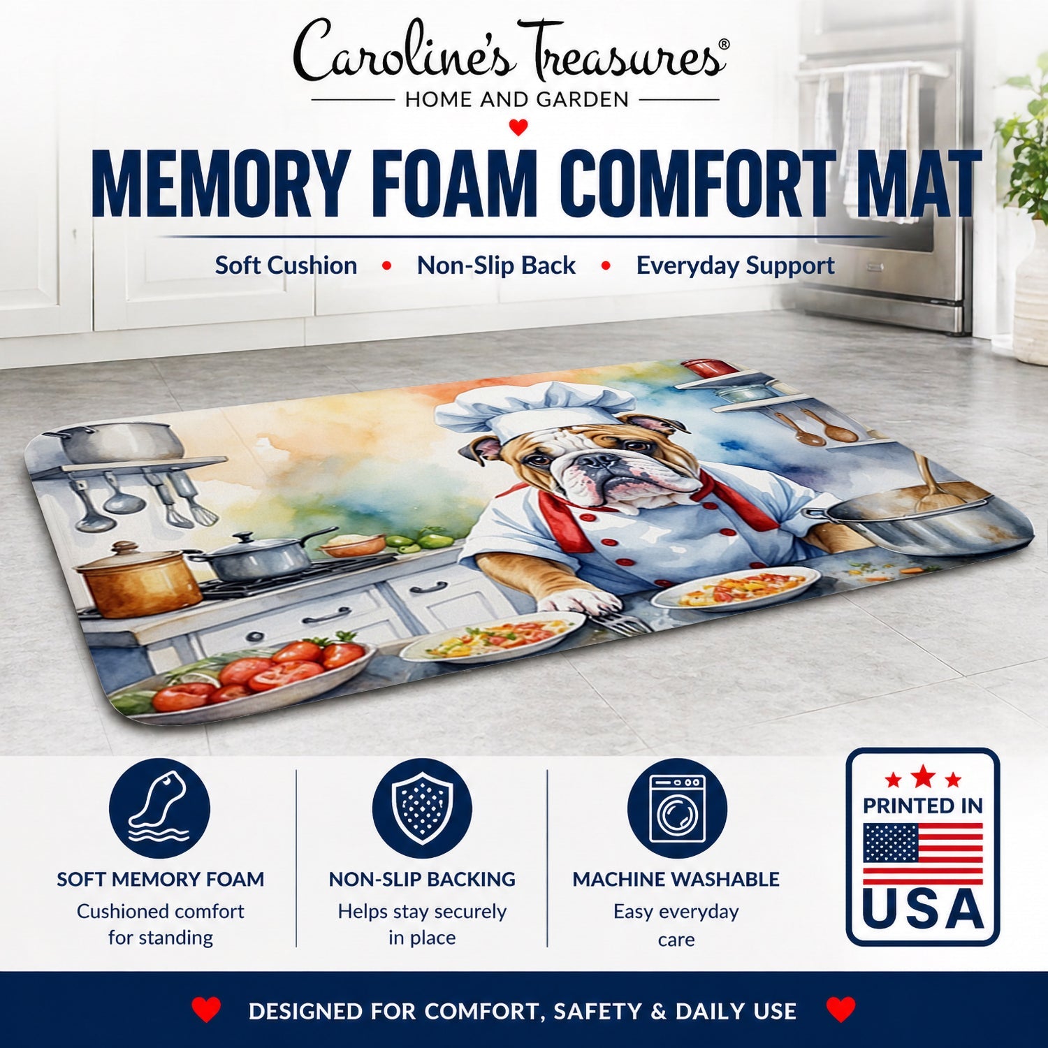 English Bulldog The Chef Memory Foam Kitchen Mat Machine Washable Anti-Fatigue Cushion Comfort Bath or Kitchen Rug