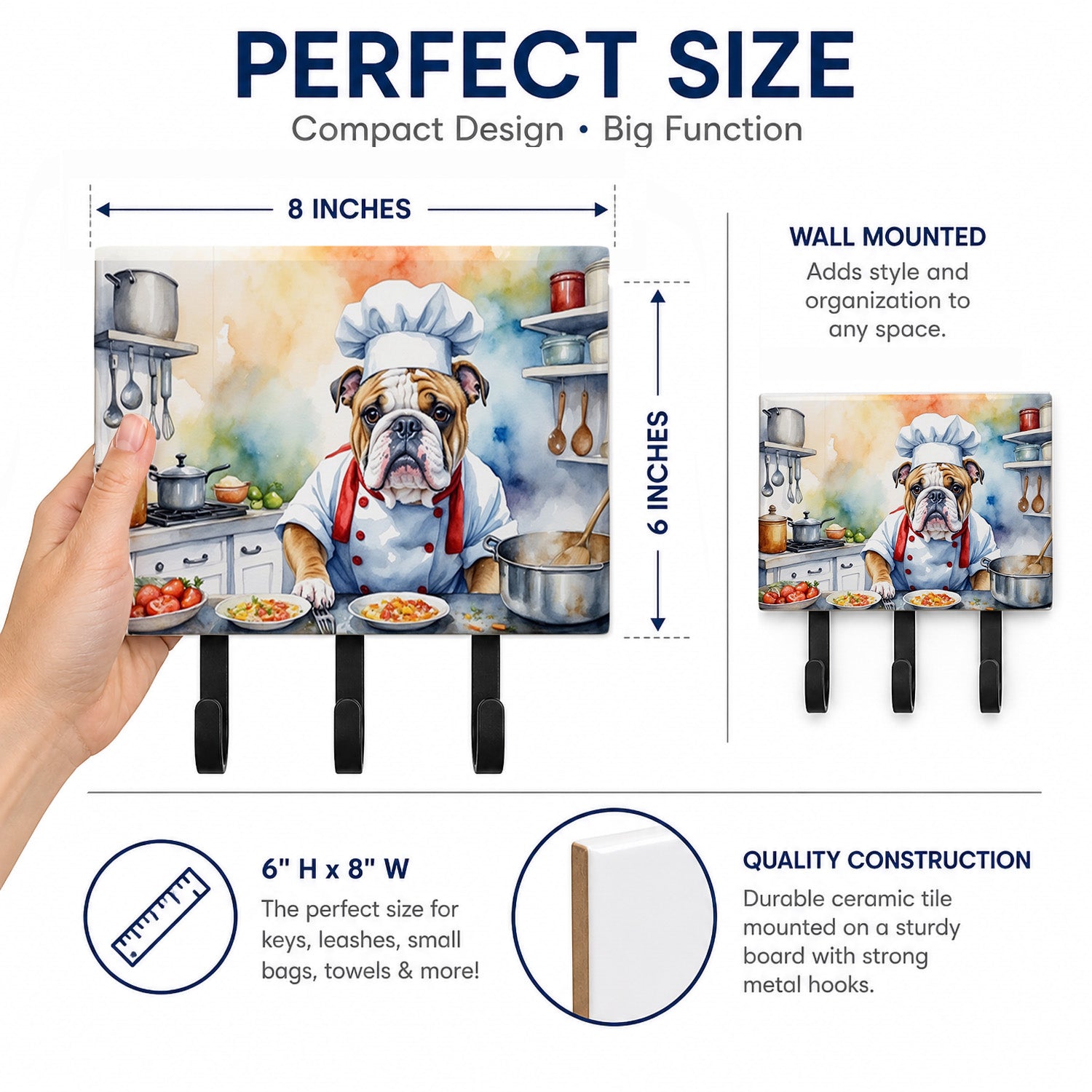 English Bulldog The Chef Leash or Key Holder Wall Hooks, Coat Rack Wall Mount, for Hanging Keys, Towels, Aprons, Leashes