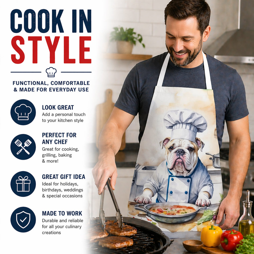 English Bulldog The Chef Apron Cooking Kitchen Server Baking Crafts Gardening for Adult Women Men, Unisex, Large, Multicolor