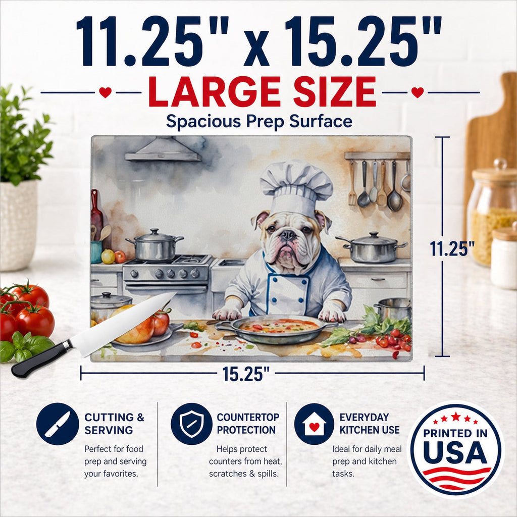 English Bulldog The Chef Cutting Board Tempered Glass Kitchen Cutting Surface, Heat Resistant Chopping, Non-Slip Feet, Food Prep & Serving