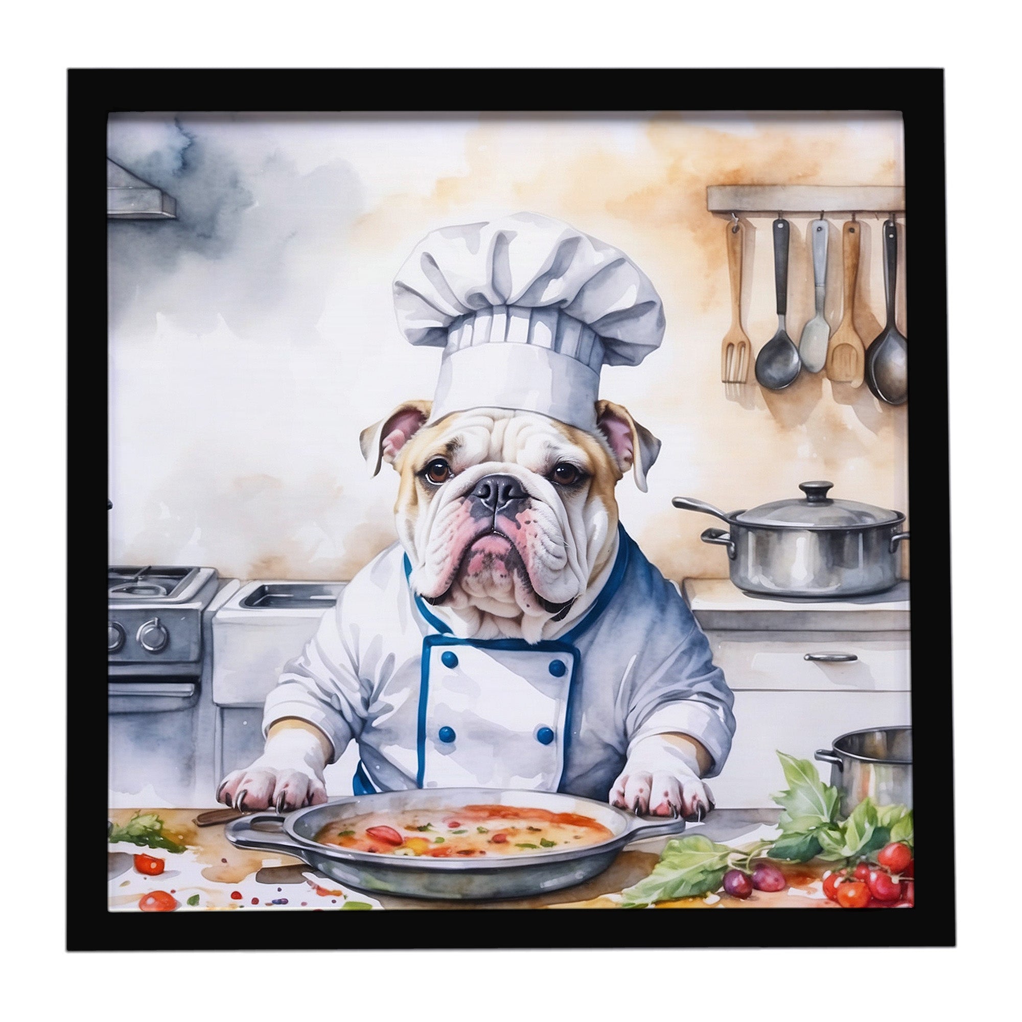 English Bulldog The Chef Framed Metal Print Bathroom, Kitchen, Office, Home Decor Wall Art Ready to Hang, Square, 8X8