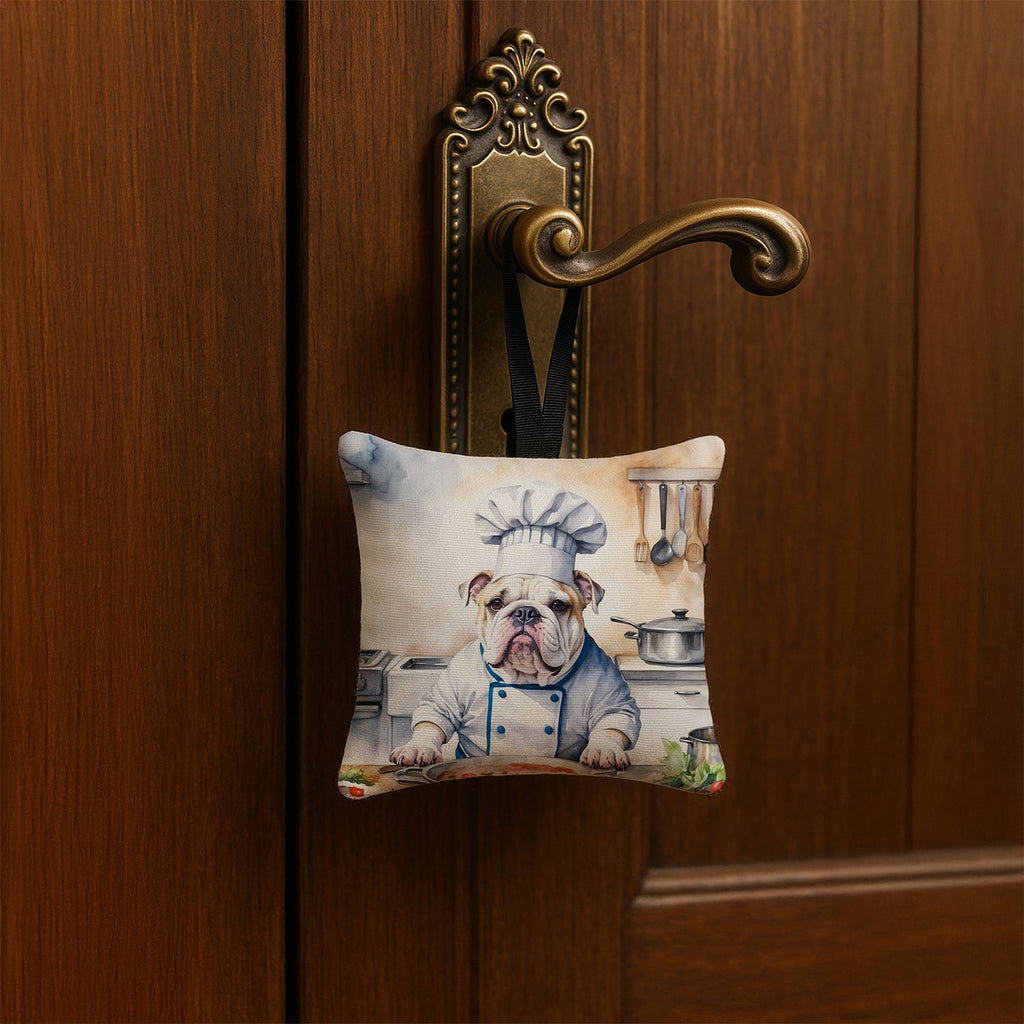 English Bulldog The Chef Hanging Square Fabric Ornament 3.5 × 3.5 Decorative Door-Knob & Tree Hanger, Soft Fabric