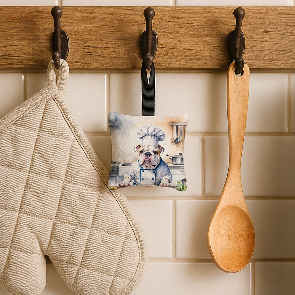 English Bulldog The Chef Hanging Square Fabric Ornament 3.5 × 3.5 Decorative Door-Knob & Tree Hanger, Soft Fabric