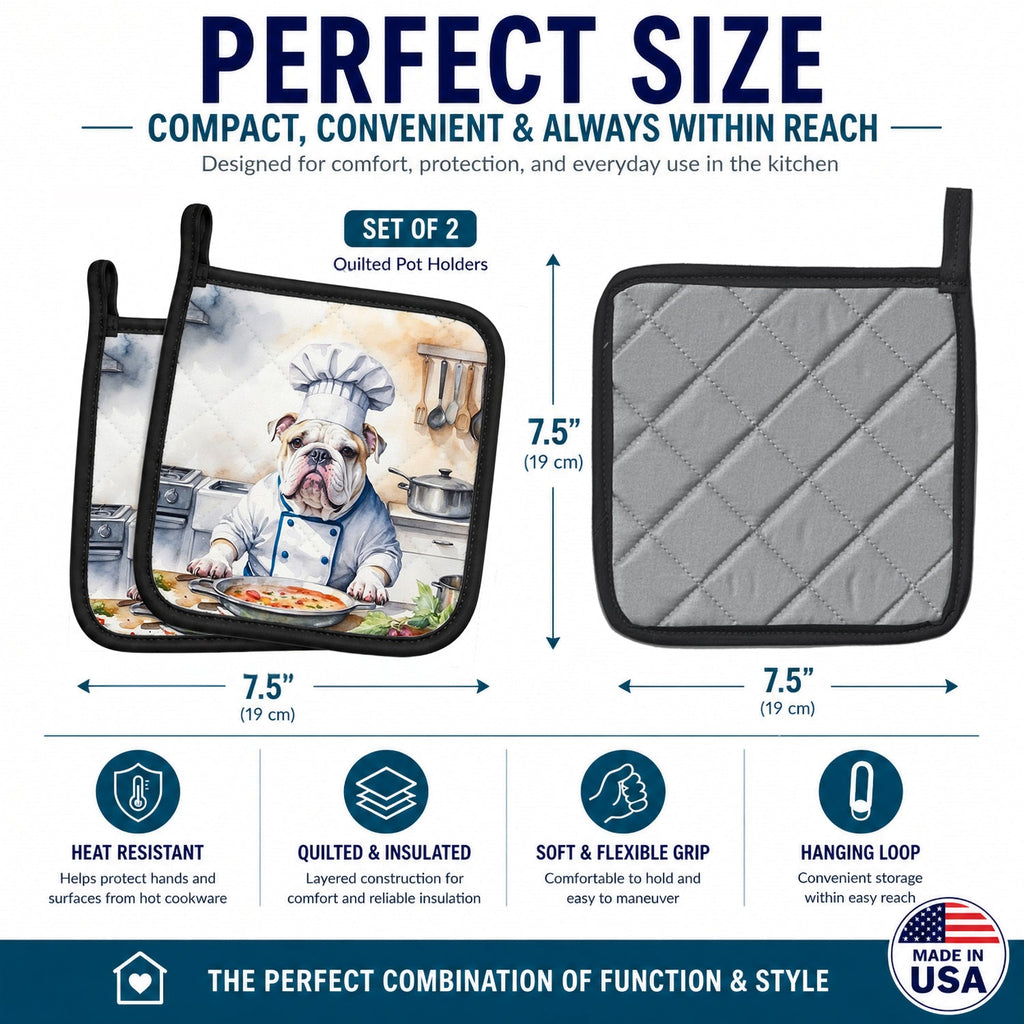 English Bulldog The Chef Pot Holder Set of 2 Heat Resistant Quilted Hot Pads 7.5 x 7.5 Inch, Insulated Kitchen Trivets for Cooking & Baking