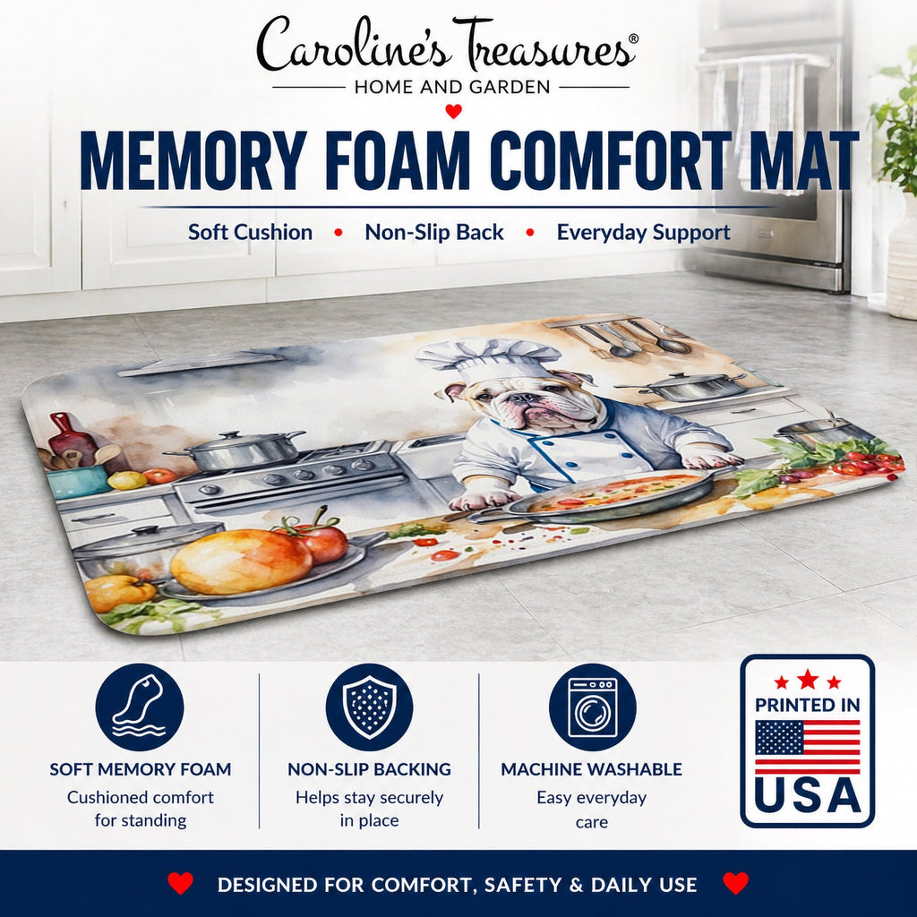 English Bulldog The Chef Memory Foam Kitchen Mat Machine Washable Anti-Fatigue Cushion Comfort Bath or Kitchen Rug