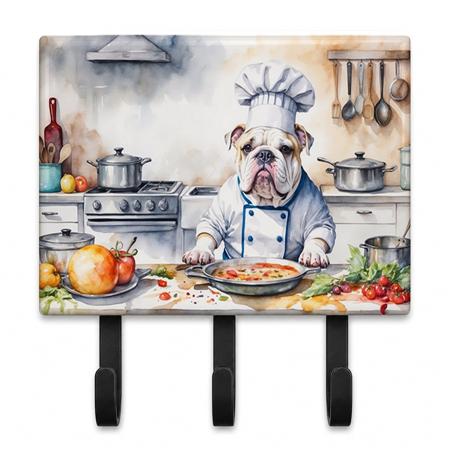 English Bulldog The Chef Leash or Key Holder Wall Hooks, Coat Rack Wall Mount, for Hanging Keys, Towels, Aprons, Leashes