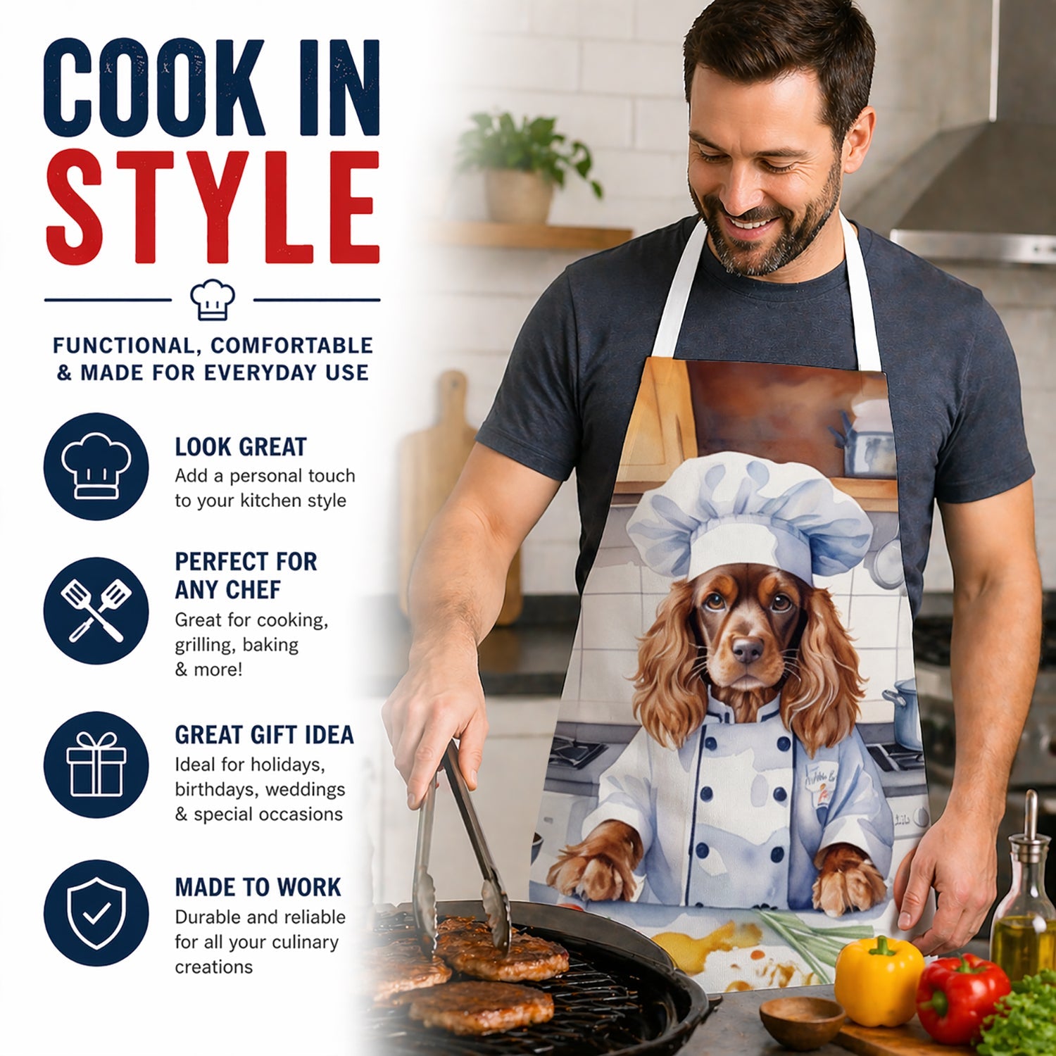 English Cocker Spaniel The Chef Apron Cooking Kitchen Server Baking Crafts Gardening for Adult Women Men, Unisex, Large, Multicolor