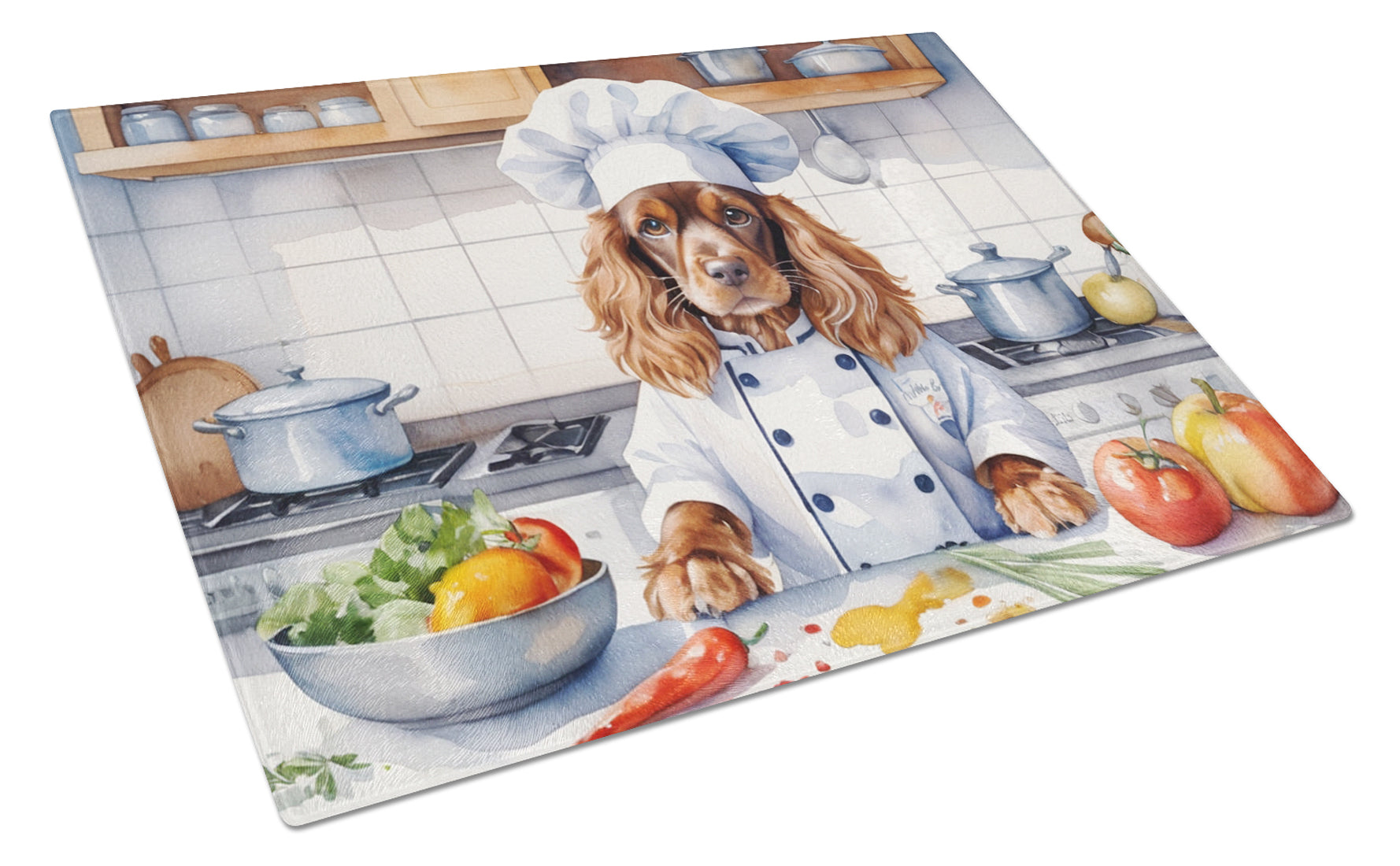 English Cocker Spaniel The Chef Cutting Board Tempered Glass Kitchen Cutting Surface, Heat Resistant Chopping, Non-Slip Feet, Food Prep & Serving