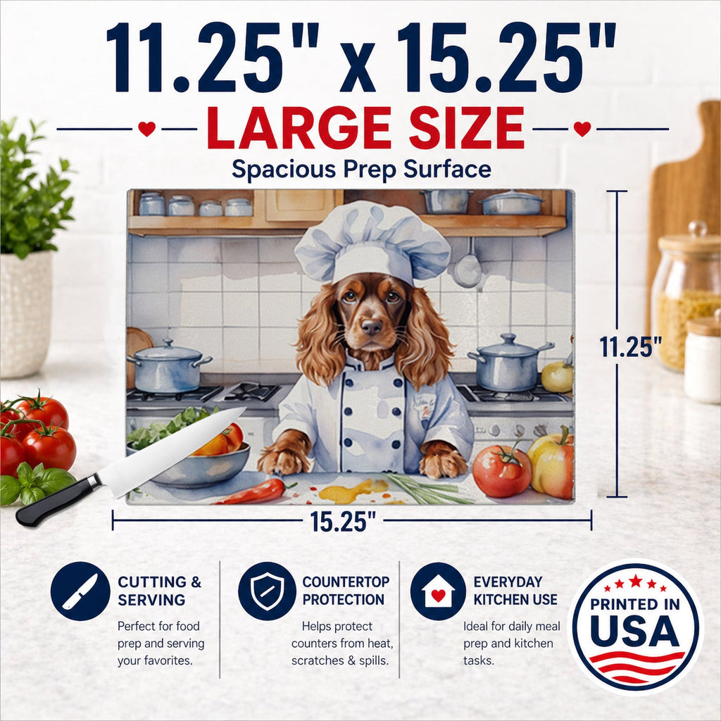 English Cocker Spaniel The Chef Cutting Board Tempered Glass Kitchen Cutting Surface, Heat Resistant Chopping, Non-Slip Feet, Food Prep & Serving