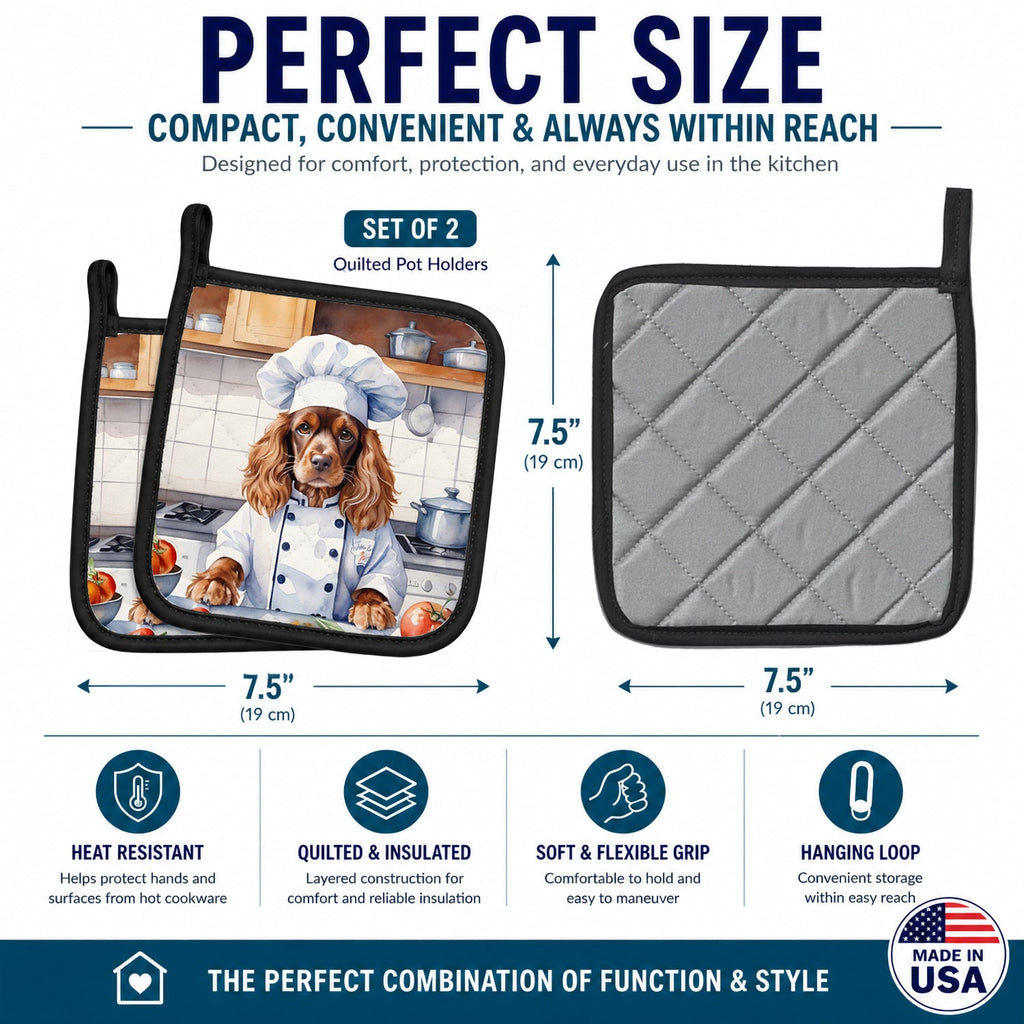 English Cocker Spaniel The Chef Pot Holder Set of 2 Heat Resistant Quilted Hot Pads 7.5 x 7.5 Inch, Insulated Kitchen Trivets for Cooking & Baking