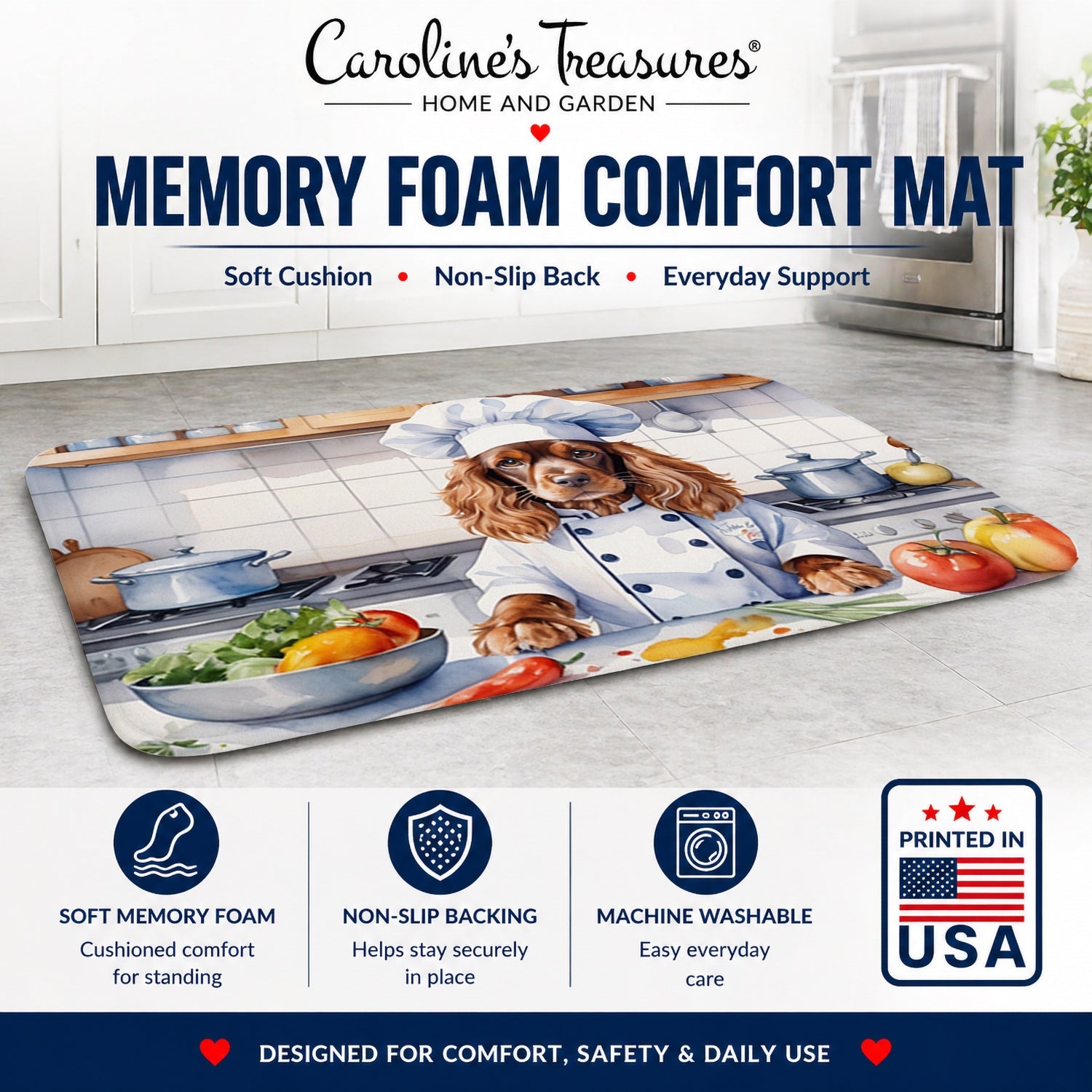 English Cocker Spaniel The Chef Memory Foam Kitchen Mat Machine Washable Anti-Fatigue Cushion Comfort Bath or Kitchen Rug