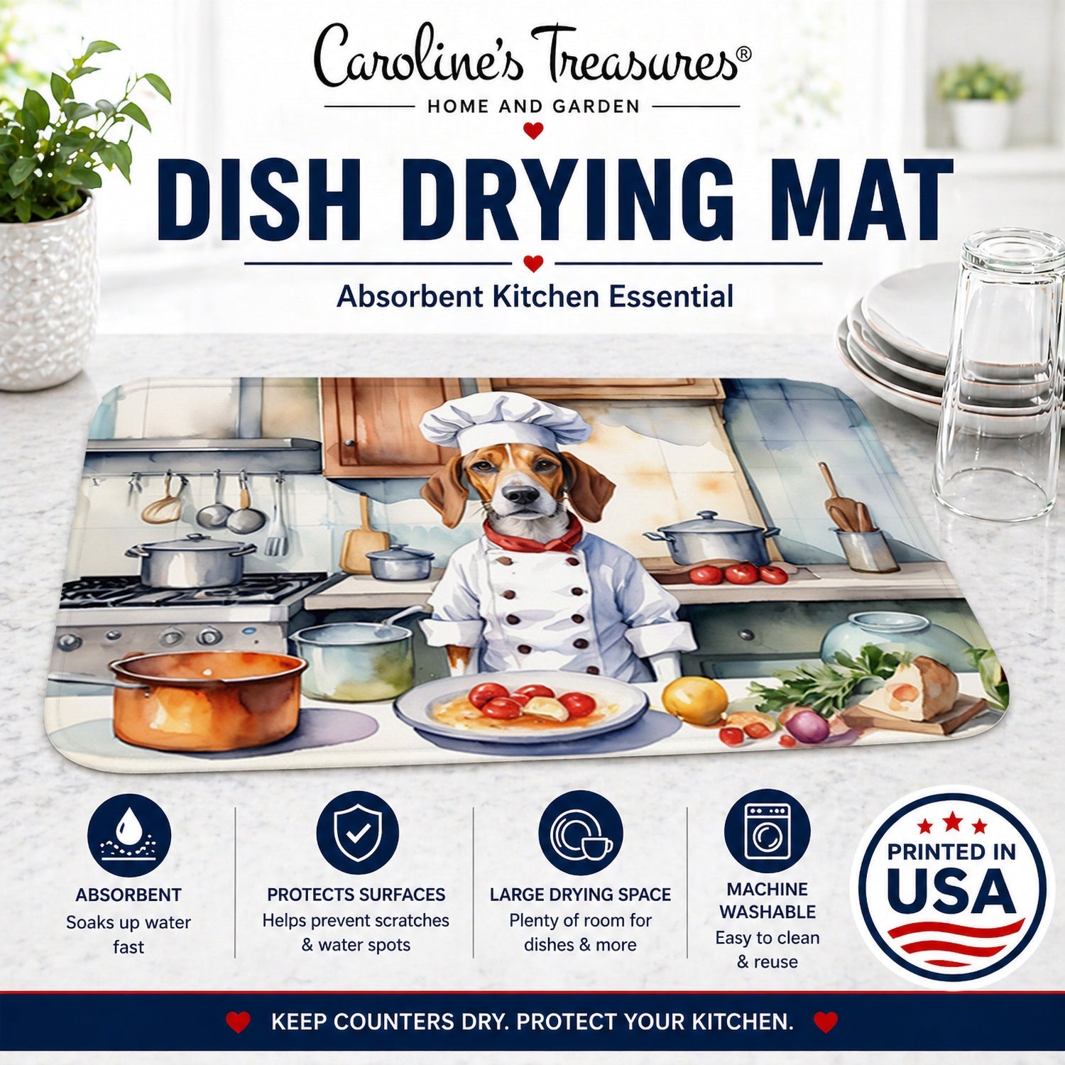 English Foxhound The Chef Dish Drying Mat Absorbent Dish Drying Mat Pad for Kitchen Counter Dish Drainer Mat for Countertop, 14 x 21", Multicolor