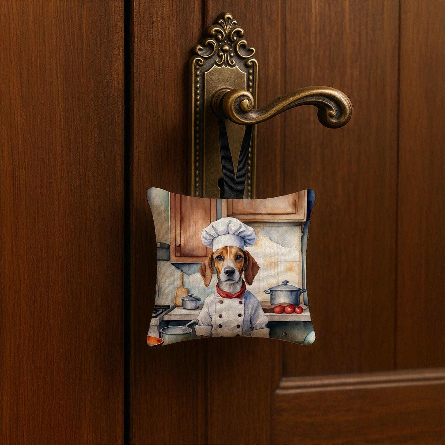 English Foxhound The Chef Hanging Square Fabric Ornament 3.5 × 3.5 Decorative Door-Knob & Tree Hanger, Soft Fabric