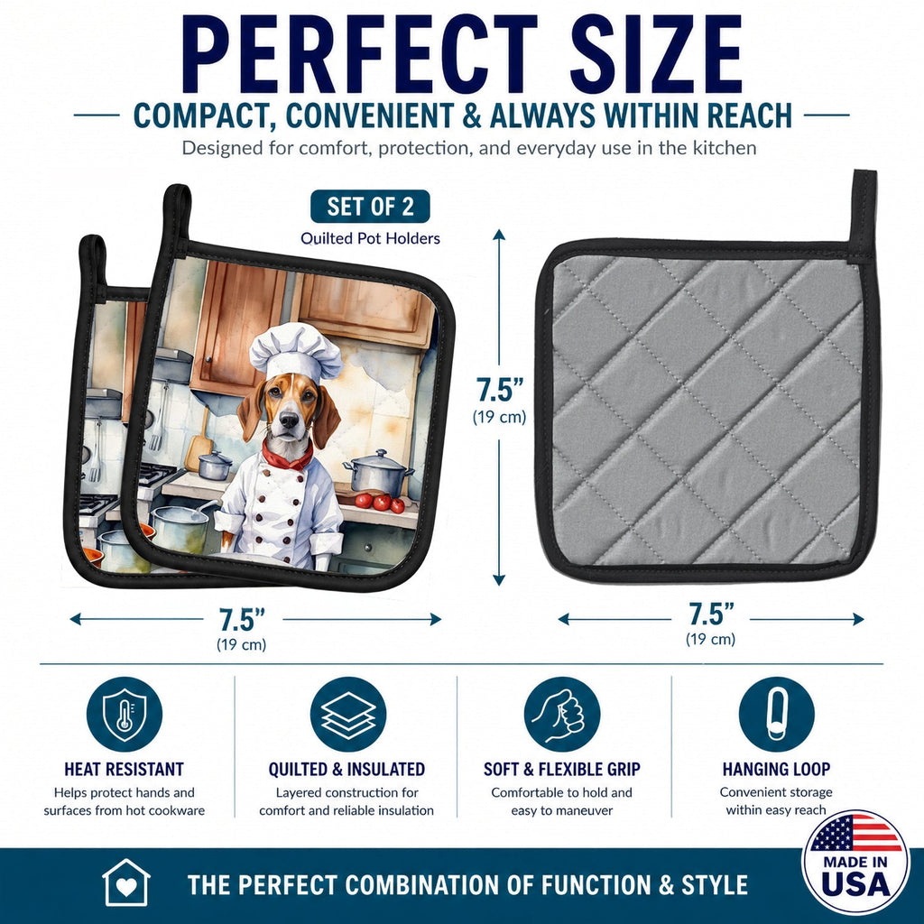 English Foxhound The Chef Pot Holder Set of 2 Heat Resistant Quilted Hot Pads 7.5 x 7.5 Inch, Insulated Kitchen Trivets for Cooking & Baking