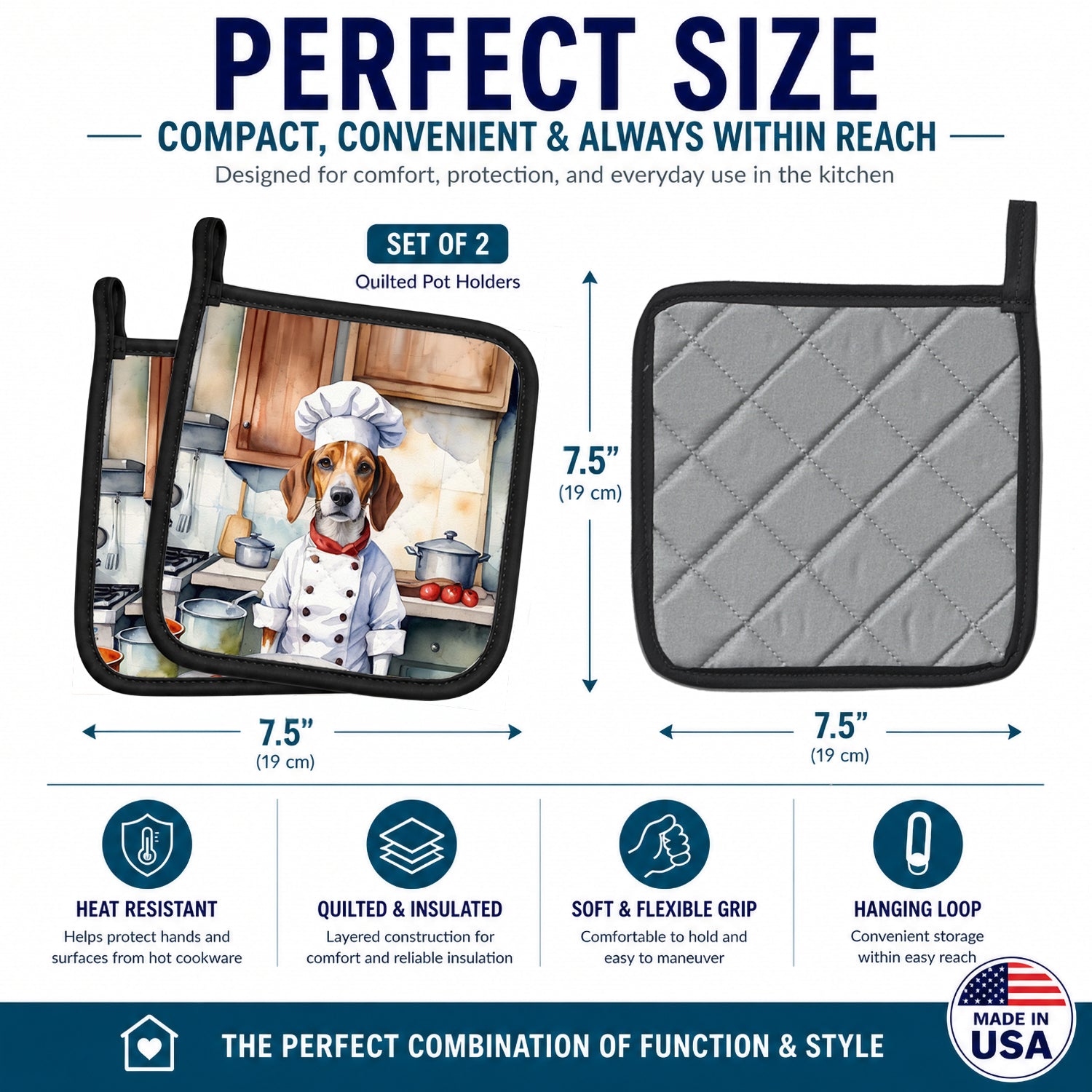 English Foxhound The Chef Pot Holder Set of 2 Heat Resistant Quilted Hot Pads 7.5 x 7.5 Inch, Insulated Kitchen Trivets for Cooking & Baking