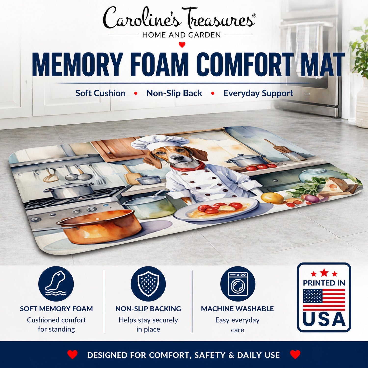English Foxhound The Chef Memory Foam Kitchen Mat Machine Washable Anti-Fatigue Cushion Comfort Bath or Kitchen Rug