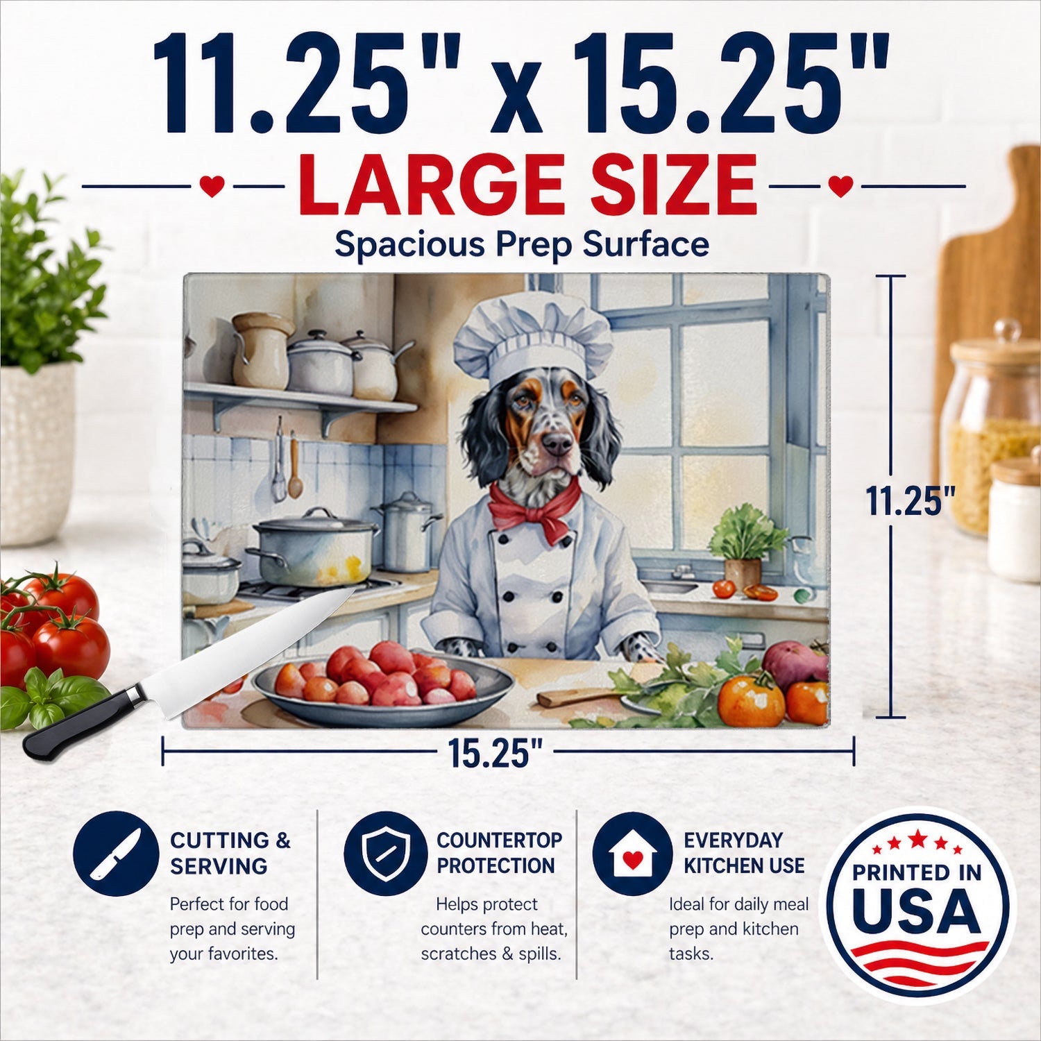 English Setter The Chef Cutting Board Tempered Glass Kitchen Cutting Surface, Heat Resistant Chopping, Non-Slip Feet, Food Prep & Serving