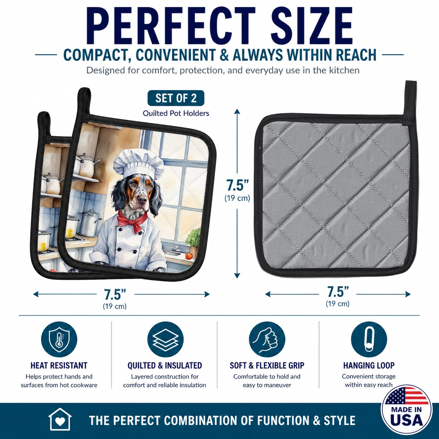 English Setter The Chef Pot Holder Set of 2 Heat Resistant Quilted Hot Pads 7.5 x 7.5 Inch, Insulated Kitchen Trivets for Cooking & Baking