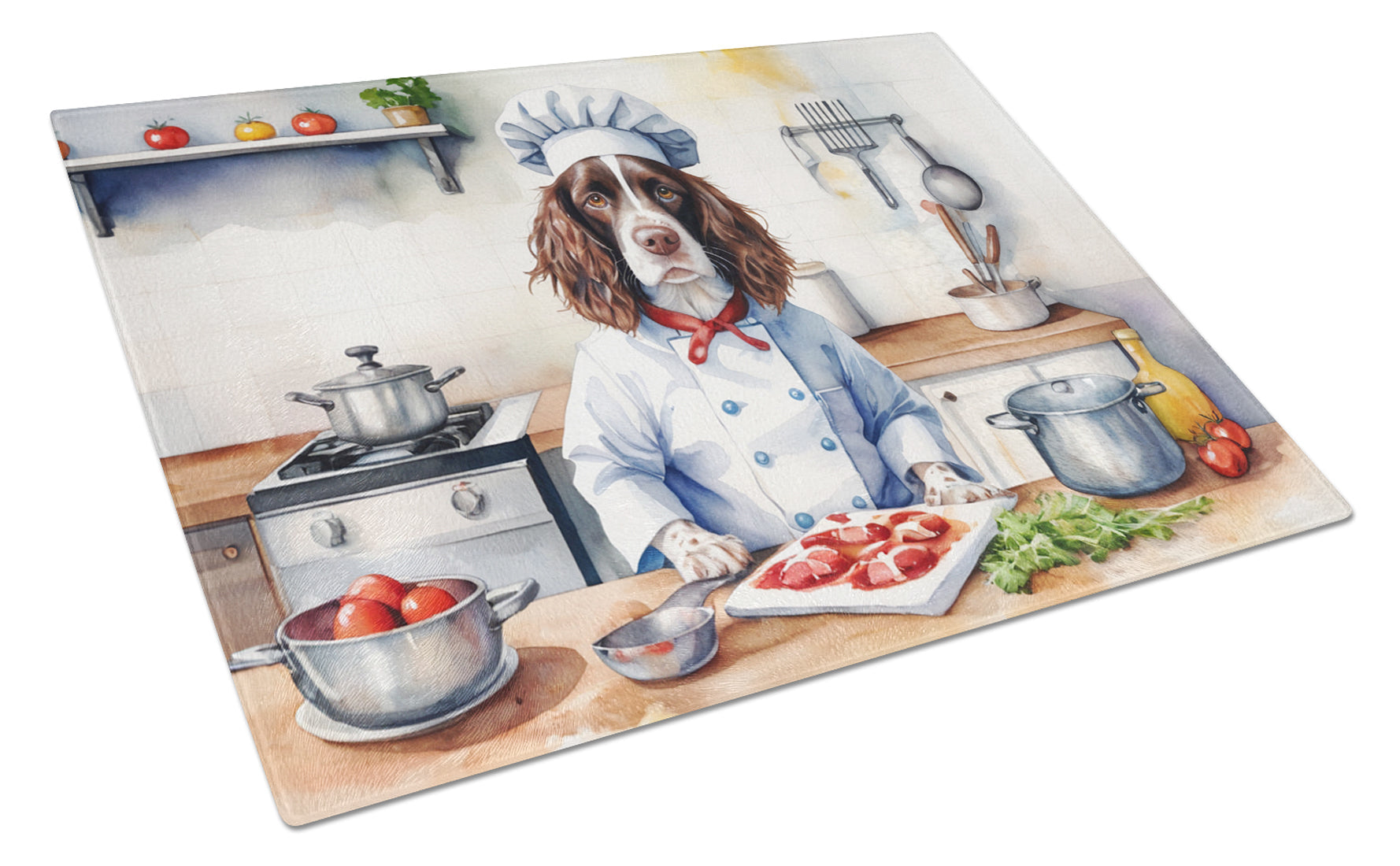English Springer Spaniel The Chef Cutting Board Tempered Glass Kitchen Cutting Surface, Heat Resistant Chopping, Non-Slip Feet, Food Prep & Serving