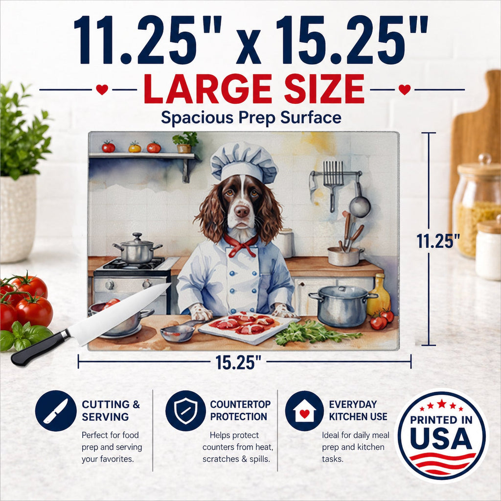 English Springer Spaniel The Chef Cutting Board Tempered Glass Kitchen Cutting Surface, Heat Resistant Chopping, Non-Slip Feet, Food Prep & Serving