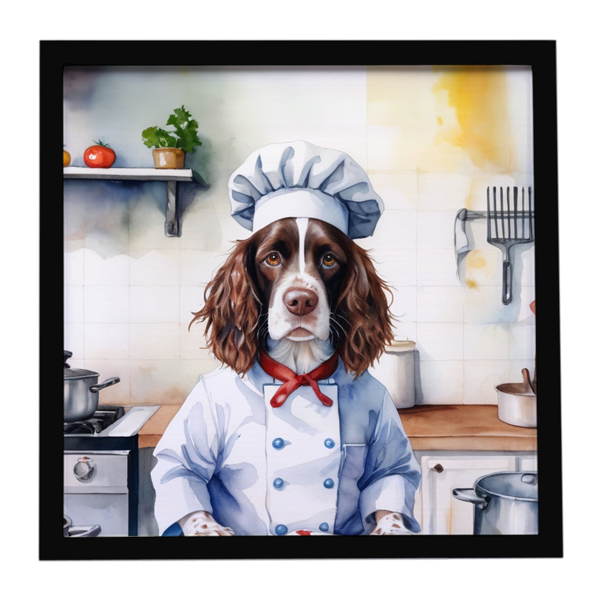 English Springer Spaniel The Chef Framed Metal Print Bathroom, Kitchen, Office, Home Decor Wall Art Ready to Hang, Square, 8X8